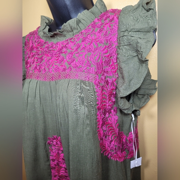 NWOT j.marie Linen Blend Isla Mae Olive Green Embroidered Tiered Boho Mini Dress - Picture 11 of 13